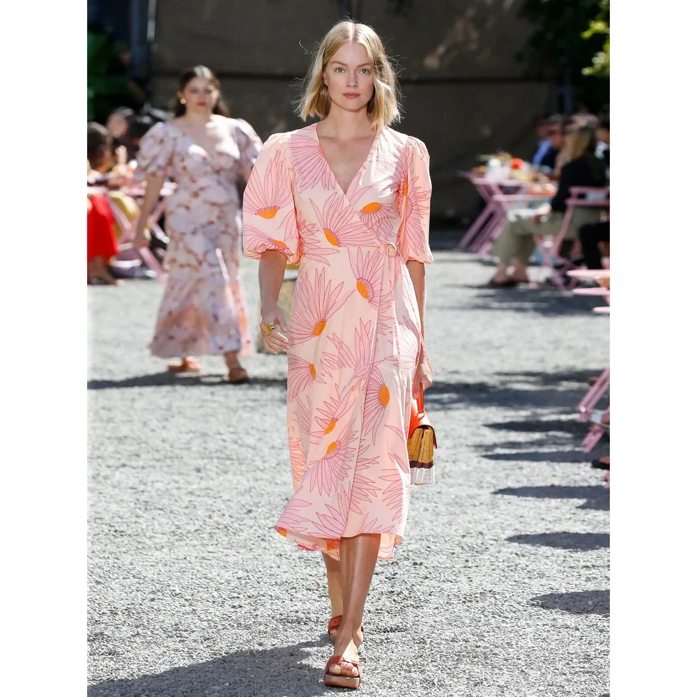 Kate Spade NY Midi Dress 0 XS Pink Falling Flower Wrap Short Sleeve Runway - Picture 1 of 15